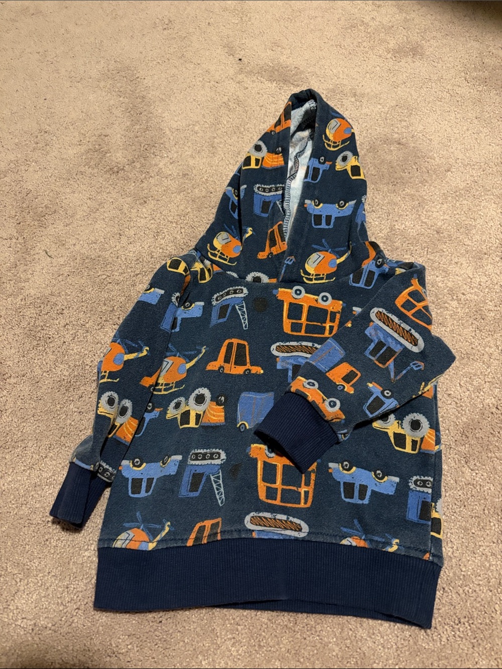 Kids Navy Blue Hooded Pullover with Construction Vehicles